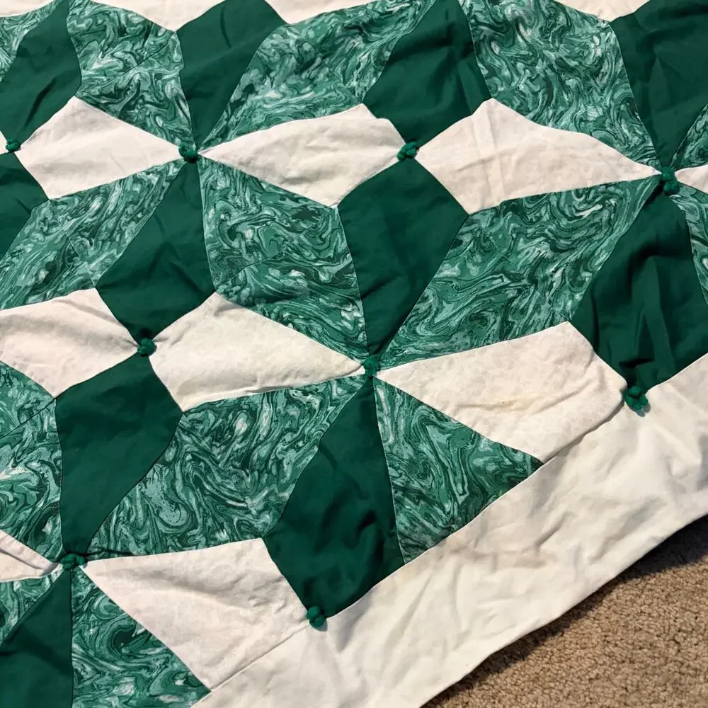 Vintage Handmade Patchwork Quilt Green White Pinwheel Geometric Full Queen 86x97